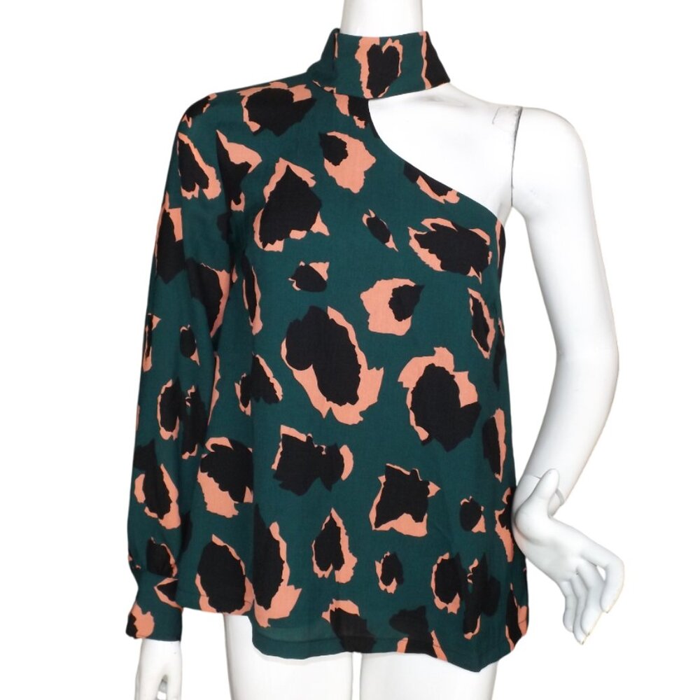 ELLIATT Top, S, One Shoulder, High Collar, Green Camo/Leopard, Long sleeve
